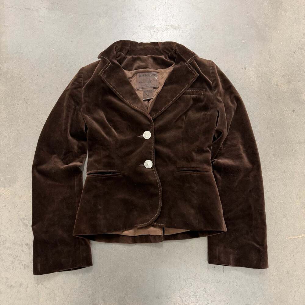 True Religion Brown Velvet Embroidered Blazer Jacket Floral Back Graphic Y2K - Picture 3 of 7